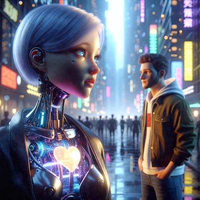 The primary subject of the image is a robotic woman with blonde hair, blue eyes, and a heart-shaped piece of metal on her chest. She is standing in a city street, surrounded by a crowd of people. The setting includes buildings, traffic lights, and a variety of individuals. The visual style of the image is digital art, with a vibrant and futuristic atmosphere. The colors are predominantly blue and purple, giving the scene a sense of depth and sophistication.